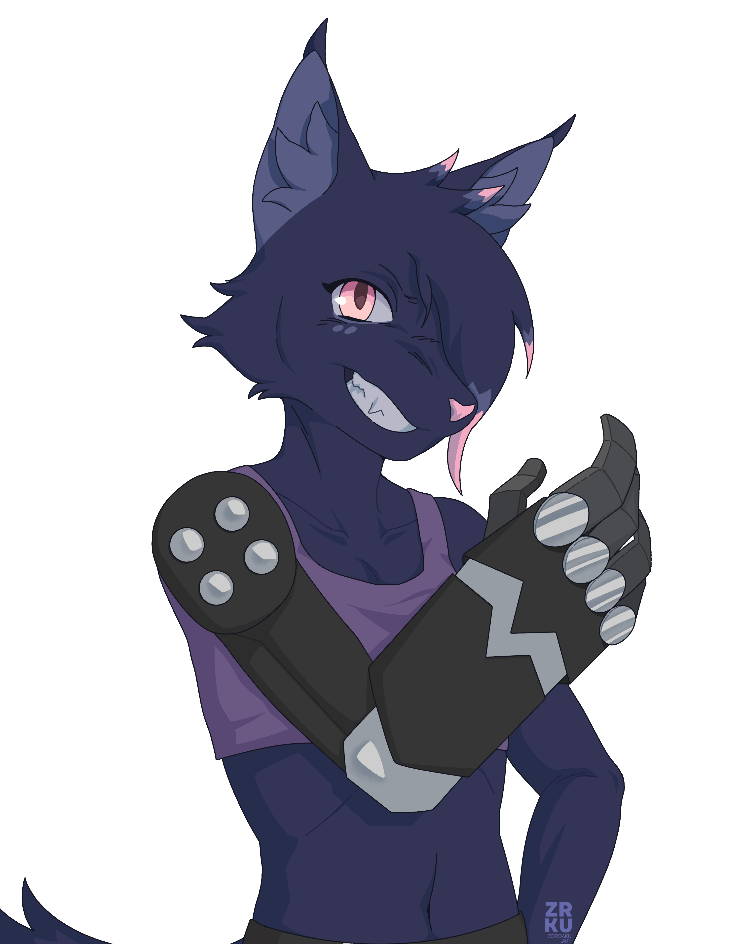 An anthro feline flexing her prosthetic arm at the viewer