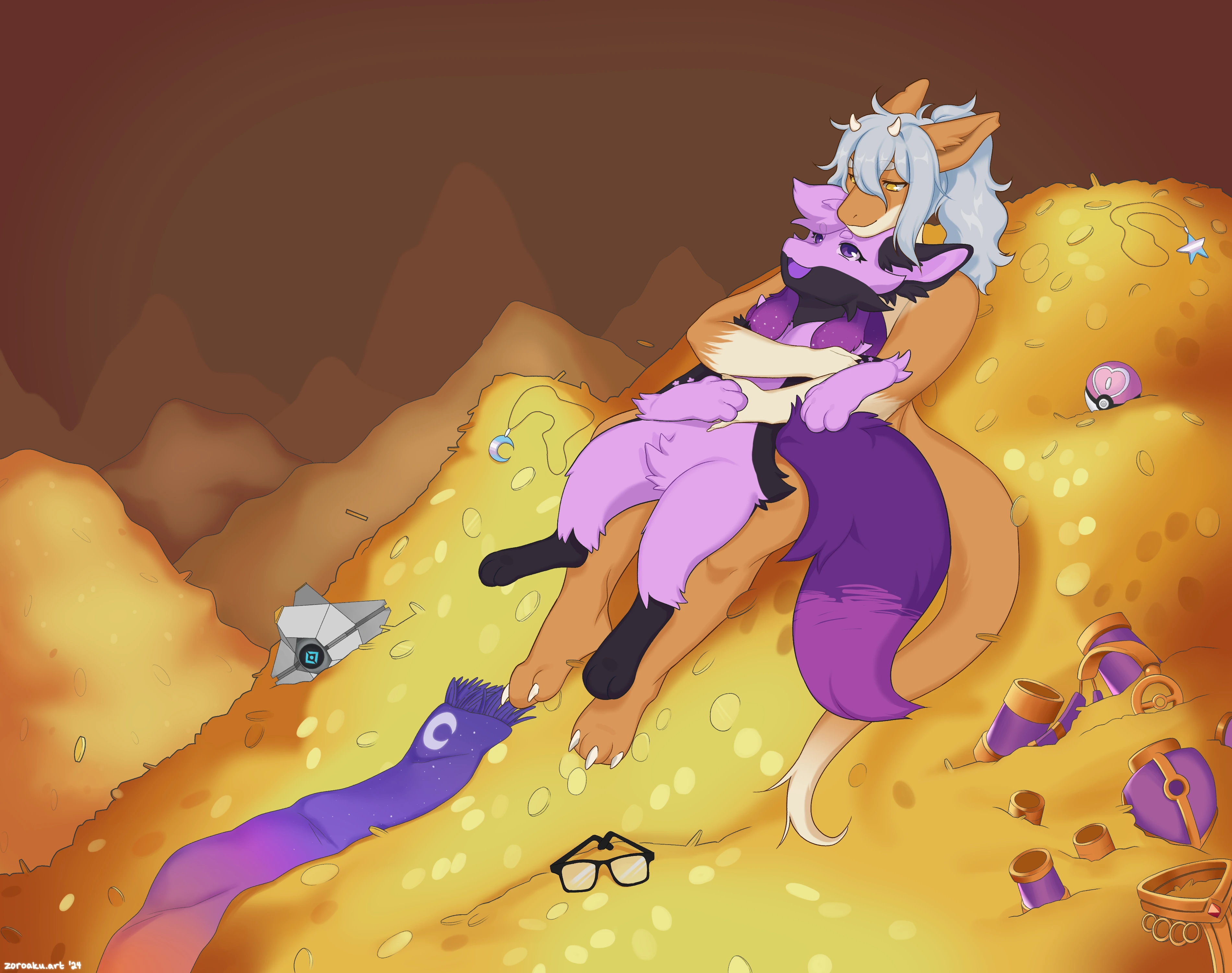 An anthro dragon and Lucario cuddling on a huge pile of gold