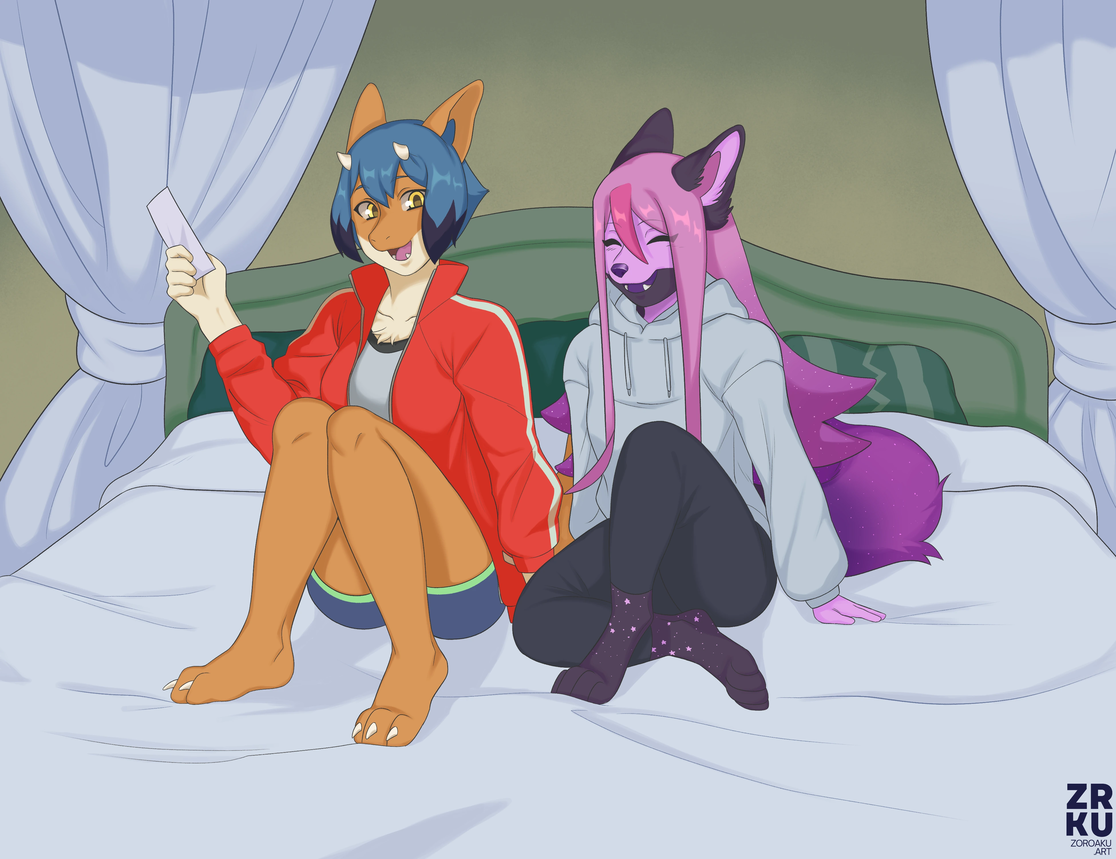 A drawing of two anthros cosplaying Michiru and Nazuna from Brand New Animal