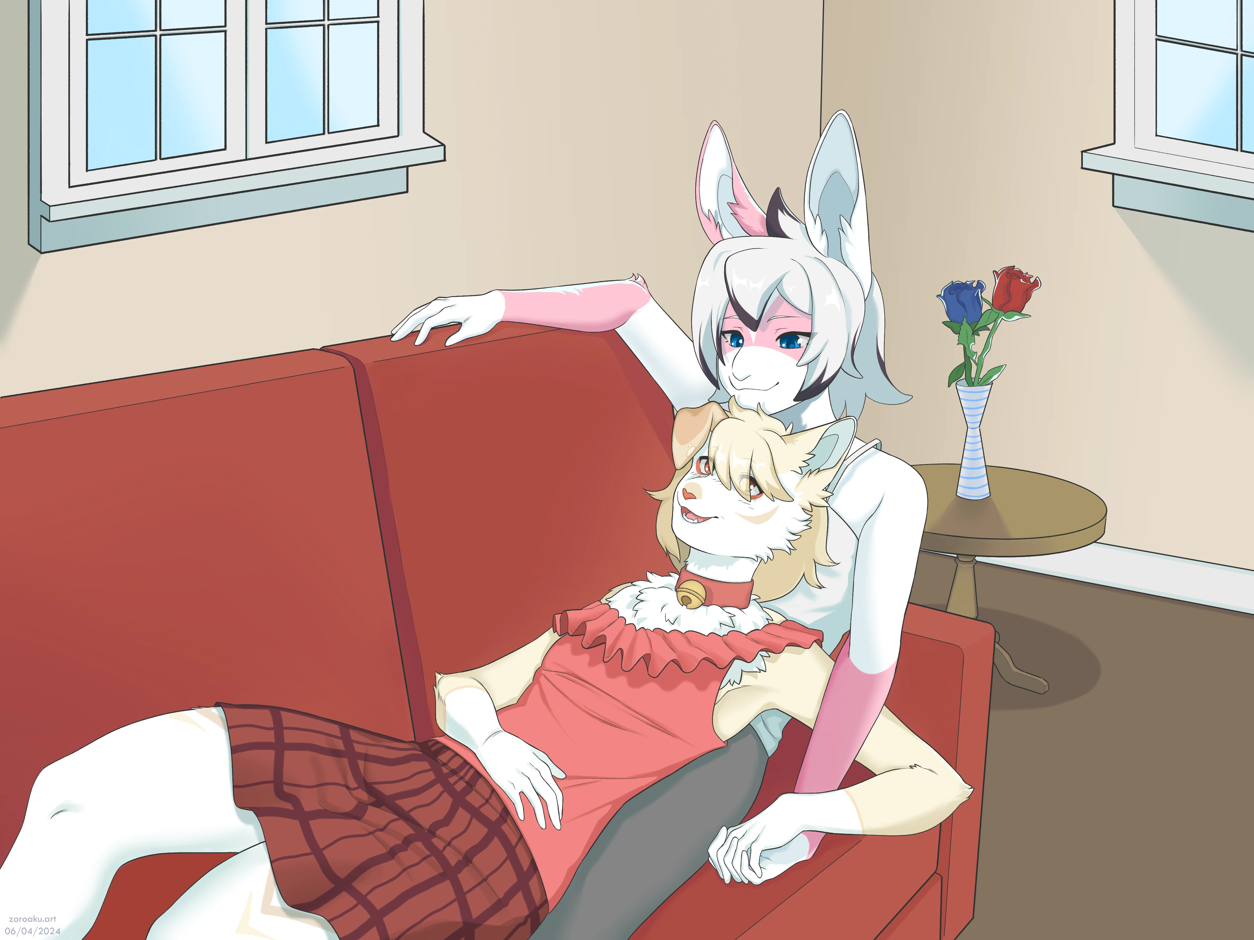 A drawing of a dog and bunny cuddling on a couch