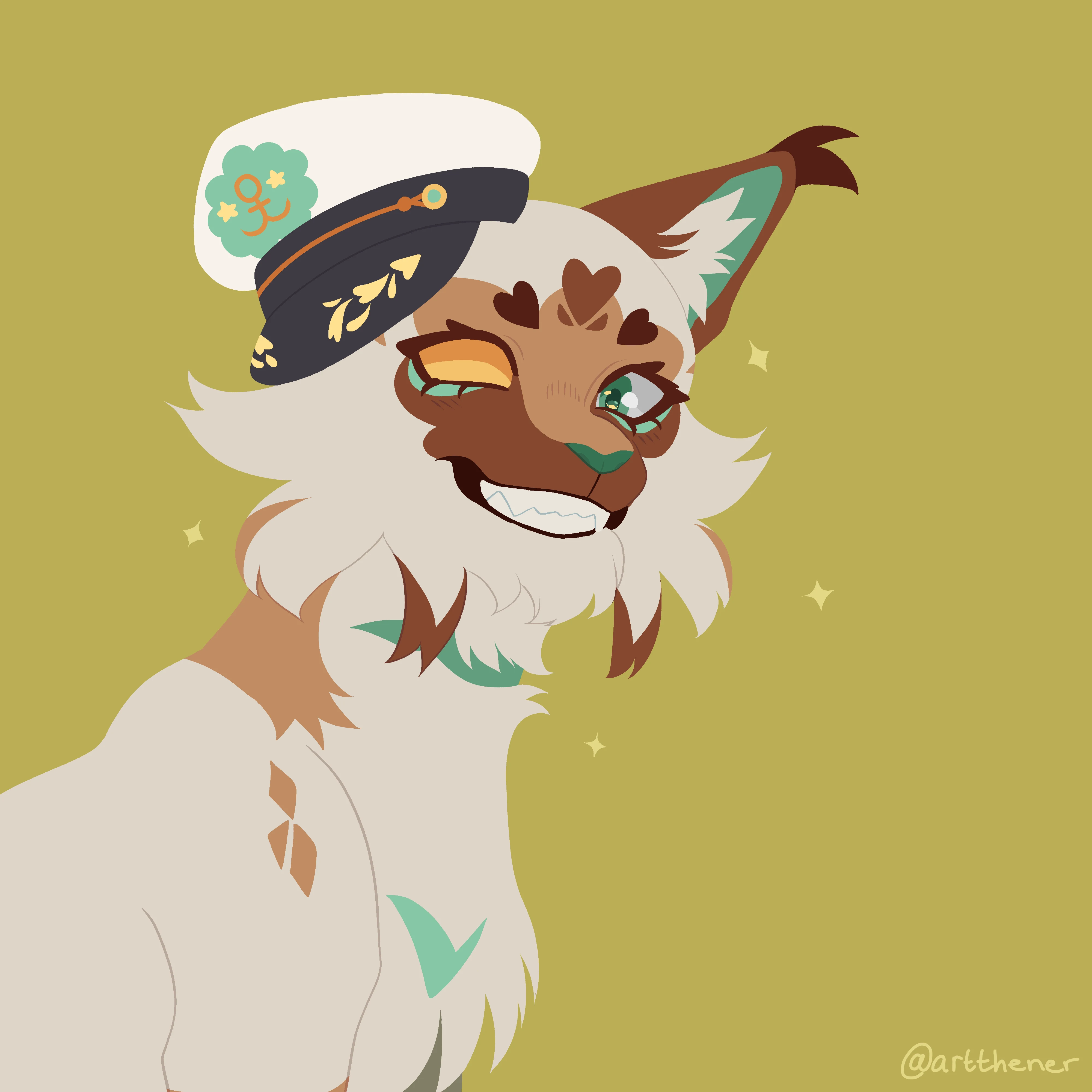 A cat wearing a sailor's cap and grinning