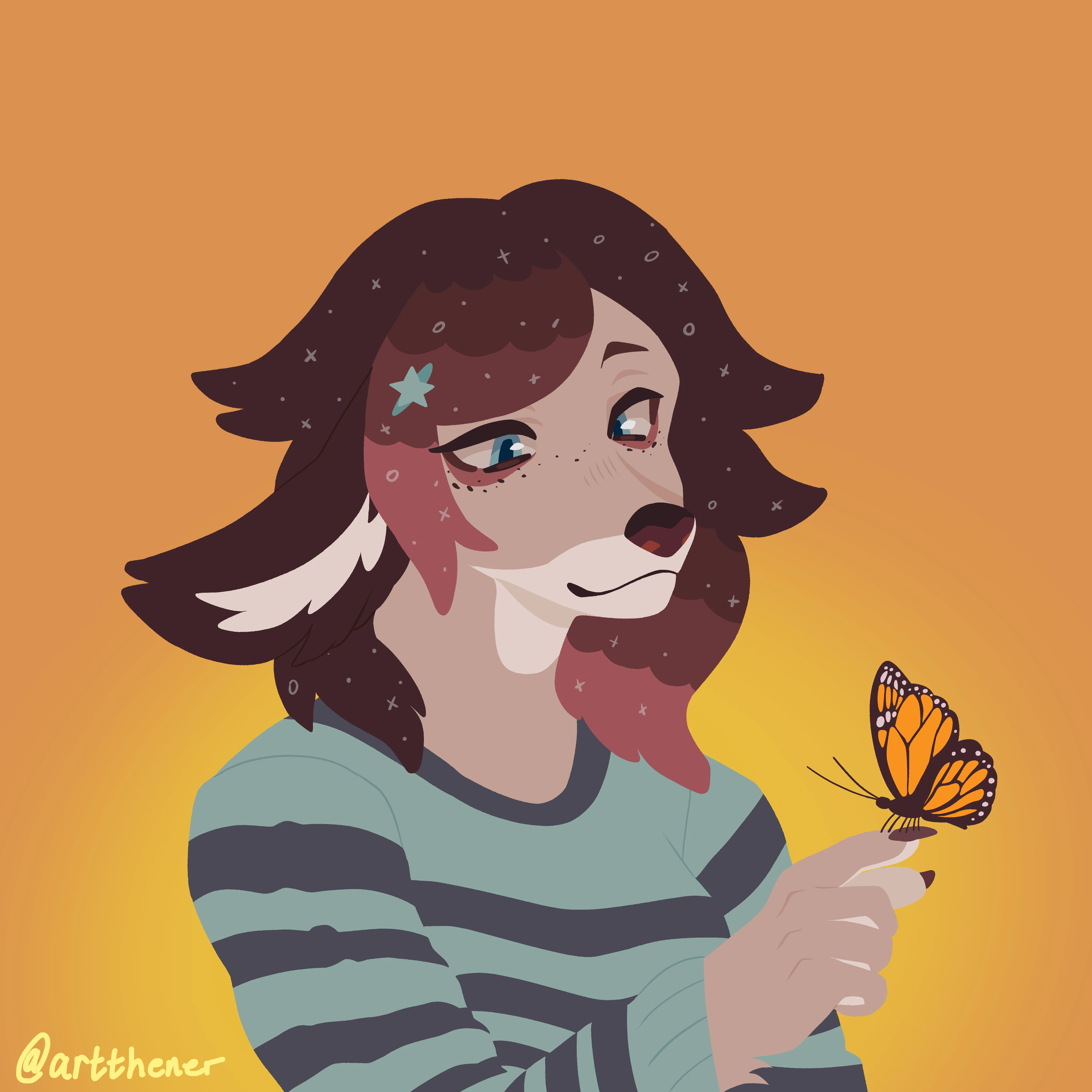 An anthro holding a butterfly and smiling serenely