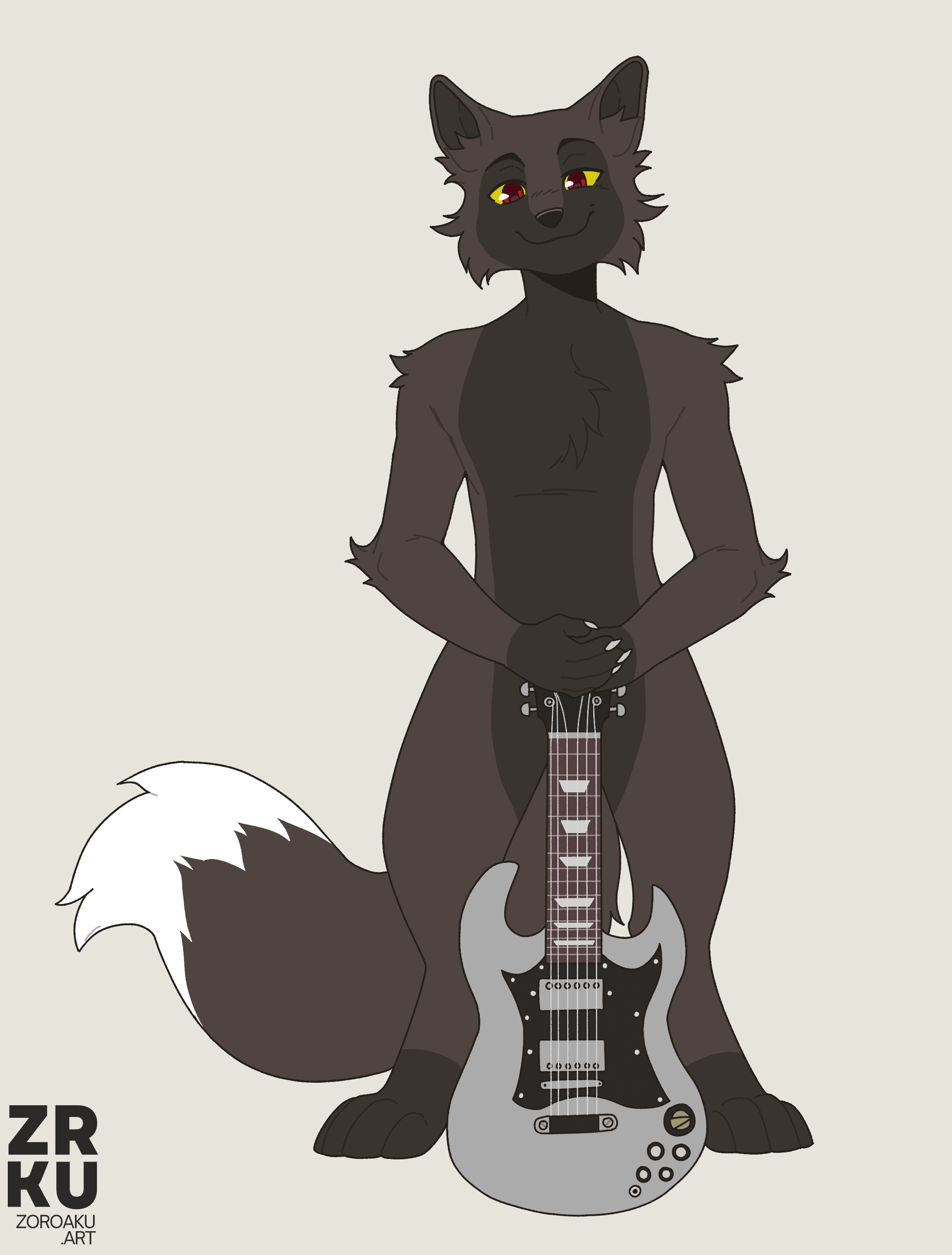 An anthro wolf posing with a guitar