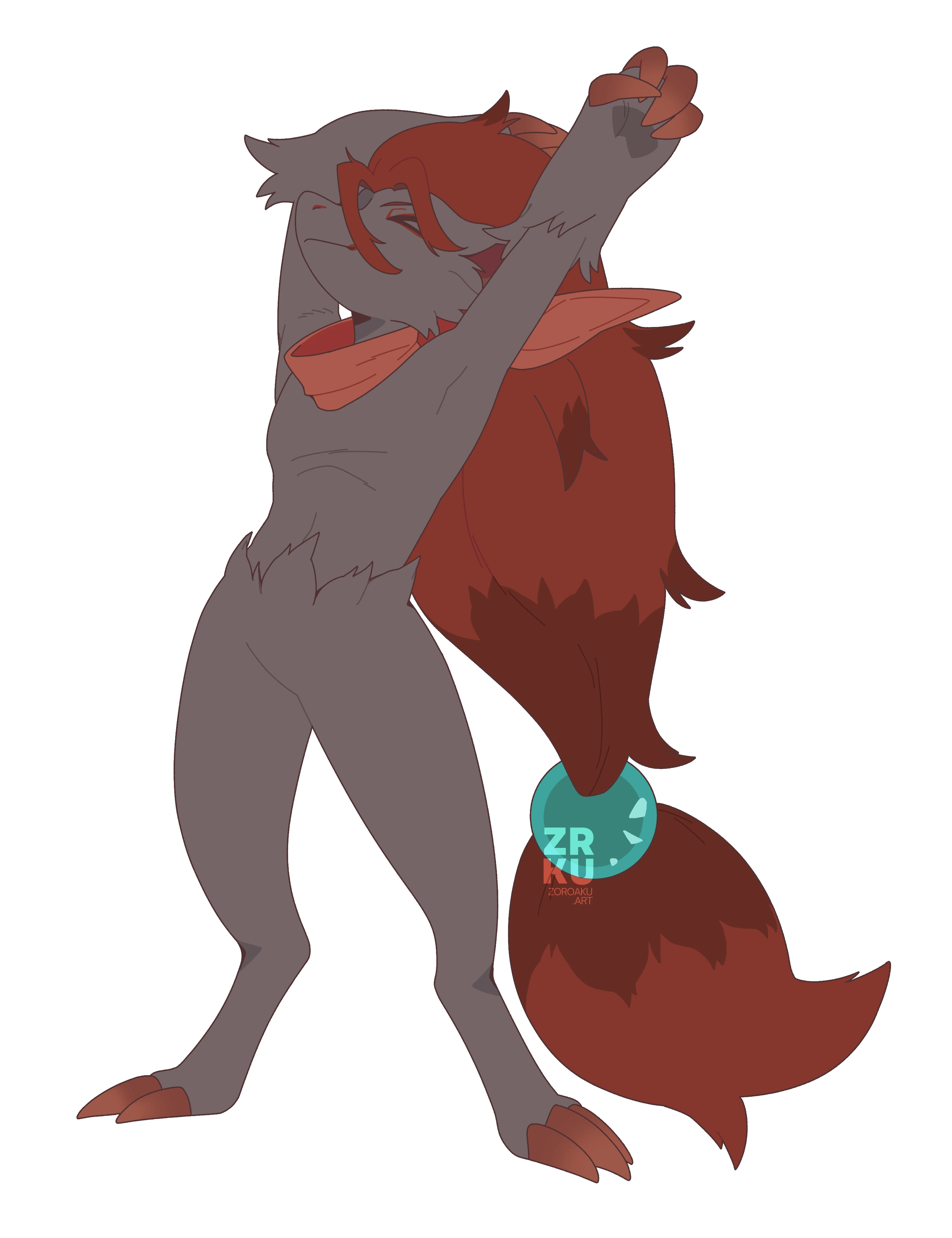 An image of a Zoroark wearing a bandana and stretching.